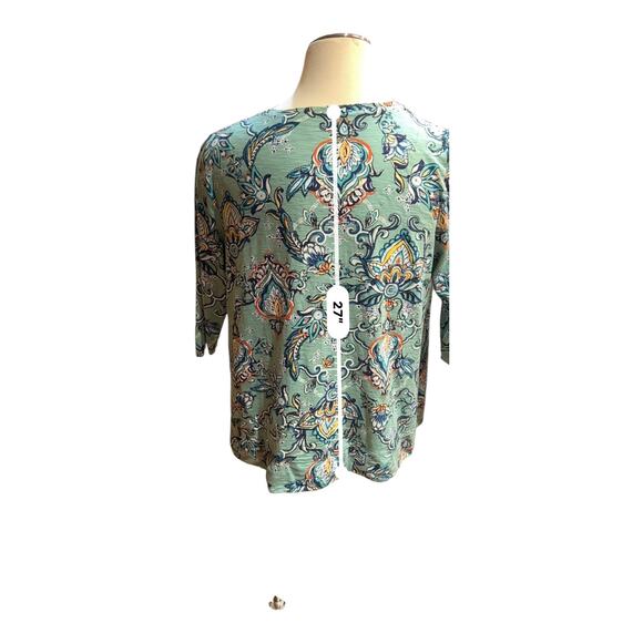 Chico’s Size 3 Green Floral Print Tunic Top Size 3 Loose Fit Stretch Blouse - Picture 5 of 7